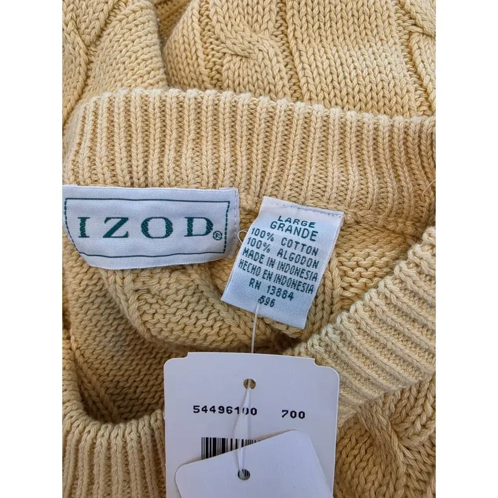 Vintage IZOD Sweater LARGE Crest Chunky Cable Knit Butter Yellow Deadstock NWT